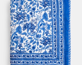 Pottery Blue Hand Block Printed Quilt Printed Reversible Cozy Soft Quilt, Jaipuri Razai, Handmade Cotton Floral Quilt, Bedspread Comforter