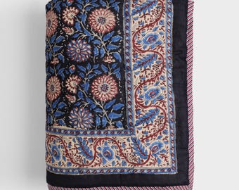 Hand Block Print Cotton Quilt, Navy Blue Floral Bedspread, Indian Kantha Quilt, Reversible Boho Bedding, Queen King Quilt
