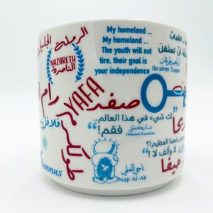 Palestinian Mug Palestine Mug Palestine Map Palestine Arabic Cities Palestinian Decoration Art Gift Palestine Accent Mug فلسطين (Blue & Red)