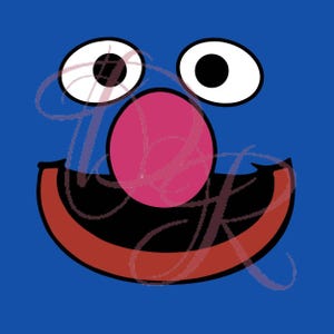 Può includere: Un'illustrazione grafica su sfondo blu che presenta un volto da cartone animato con due grandi occhi bianchi con pupille nere, un naso rotondo rosa prominente e una bocca ampia e curva con labbra rosse e un interno nero, con una filigrana.