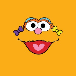 May include: A cartoon face with large white eyes, orange eyebrows, and a pink nose. The mouth is red with a pink heart, and there are purple and yellow bows on either side. The background is a solid orange color.