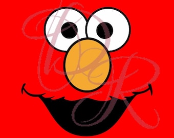 May include: A graphic illustration of a character face featuring a bright red background, two large white eyes with black pupils, a round orange nose, and a wide black mouth with a thin red line above it, overlaid with a faint cursive watermark.