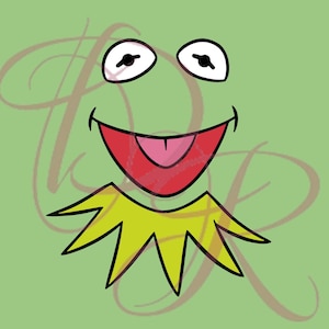 May include: A graphic illustration of a green frog face with large white eyes, black pupils, a wide red mouth with a pink tongue, and a yellow pointed collar, set against a light green background with a faint, cursive watermark overlay.