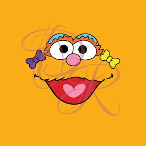 May include: A graphic illustration of a character face on a solid orange background. The character has orange fur, large white eyes with black pupils, a pink nose, a red mouth with a pink heart, a purple bow on the left, and a yellow bow on the right.