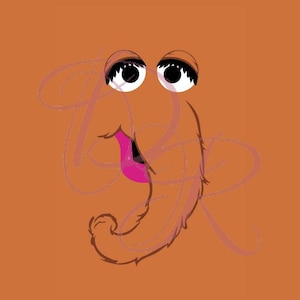May include: A graphic illustration of a fuzzy orange creature face with large white eyes, black pupils, long black eyelashes, and a bright pink mouth. The character has a shaggy texture and is set against a solid orange background.