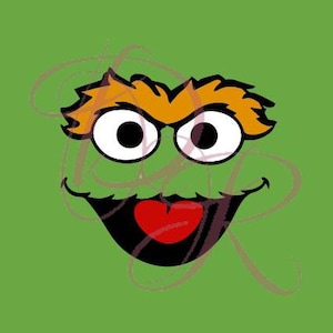 May include: A graphic illustration of a character face featuring a bright green background, orange shaggy hair, large white eyes with black pupils, a wide black mouth, and a prominent red heart-shaped tongue centered within the mouth area.