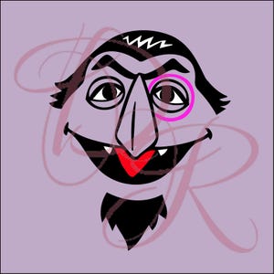 Könnte beinhalten: Eine grafische Illustration einer Figur mit hellvioletter Haut, schwarzem Haar und einem spitzen Kinnbart. Die Figur hat eine große Nase, ein breites Lächeln mit sichtbaren weißen Fangzähnen und einer roten Zunge sowie ein leuchtend pinkes Monokel.