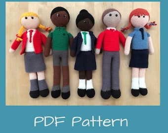 Padrão de crochê Amigurumi para download para bonecas de uniforme escolar