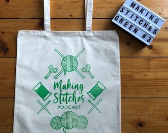 Bolsa de proyecto de lona de algodón serigrafiada con el logotipo de Making Stitches Podcast (verde)