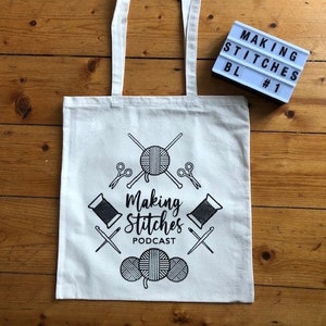 Screen printed cotton canvas project bag featuring Making Stitches Podcast Logo (Black 1)