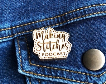 Wooden Making Stitches Podcast logo badge 3cm