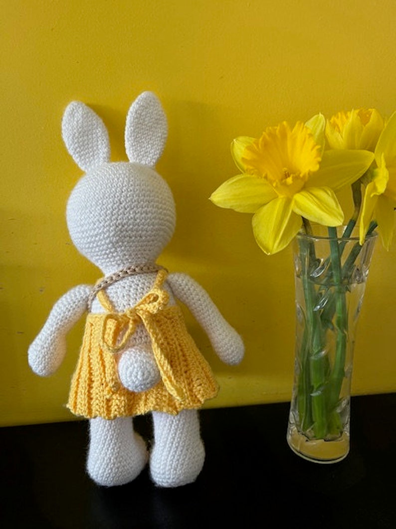 Pode incluir: Um coelho de croch&ecirc; branco vestindo um vestido de croch&ecirc; amarelo. O coelho est&aacute; em p&eacute; sobre uma superf&iacute;cie preta em frente a uma parede amarela. H&aacute; narcisos amarelos em um vaso de vidro atr&aacute;s do coelho.