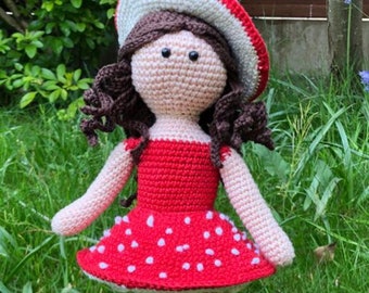 Downloadable amigurumi crochet pattern for Agatha the Fly Agaric Mushroom doll