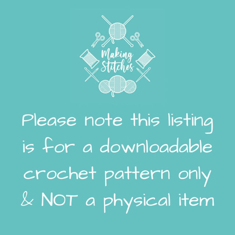 Pode incluir: Um fundo azul turquesa com texto branco que diz "Making Stitches" em uma fonte estilizada. O texto &eacute; cercado por um gr&aacute;fico de agulhas de tric&ocirc; cruzadas, novelos de l&atilde; e tesouras. Abaixo do gr&aacute;fico, o texto diz "Observe que esta lista &eacute; para um padr&atilde;o de croch&ecirc; para download apenas & N&Atilde;O um item f&iacute;sico."