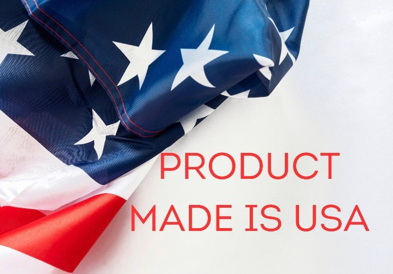 May include: A portion of the American flag with red and white stripes and a blue field with white stars. The text "PRODUCT MADE IS USA" is in red.