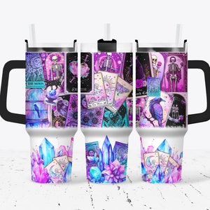 Tarot Karte & Kristalle, Thermobecher, Reisebecher, 40 Unzen, Tarot Kartenlegung, metaphysische Geschenke, Tarot Kartenspiel, Geschenke für Mitarbeiter