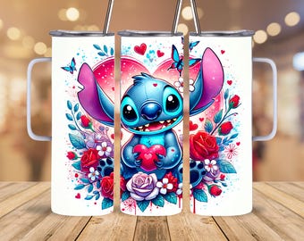 Stitch Tumbler with Handle: Lilo & Stitch Insulated 20oz Travel Mug