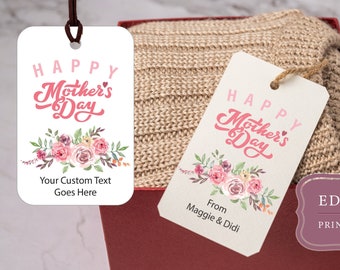 HAPPY MOTHER&#39;S Day Printable Gift Tags, Editable Personalized Gift Favor Tags Template with Flowers, Custom Labels Instant Download DIY Pink