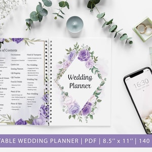 Printable Wedding Planner, 140+ Pages, Wedding Checklist, Wedding Binder Template, Honeymoon, Engagement Party, Seating Planner, Purple, PDF