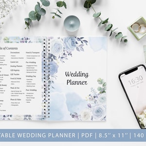 Printable Wedding Planner, 140+ Pages, Wedding Checklist, Wedding Binder Template, Honeymoon, Engagement Party, Seating Planner, Blue, PDF