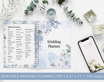 Printable Wedding Planner, 140+ Pages, Wedding Checklist, Wedding Binder Template, Honeymoon, Engagement Party, Seating Planner, Blue, PDF