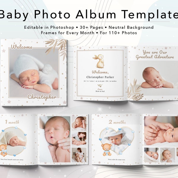 Sjabloon voor babyfotoalbum | Photoshop | Babyjongen | Babymeisje | Eerstejaars fotoalbum | 12×12″ | Direct downloaden | PSD-bestand | Instructies