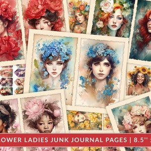 Kit diario spazzatura Flower Ladies, 32 pagine, file digitale, vintage, scrapbooking, carta stampabile, foglio di collage digitale, download istantaneo