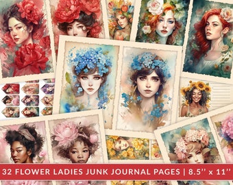 Könnte beinhalten: 32 druckbare Junk Journal Seiten mit Aquarell-Illustrationen von Frauen mit Blumenkränzen. Die Seiten sind 8,5 Zoll mal 11 Zoll groß und zeigen eine Vielzahl von Blumen, darunter Sonnenblumen, Pfingstrosen und Vergissmeinnicht.