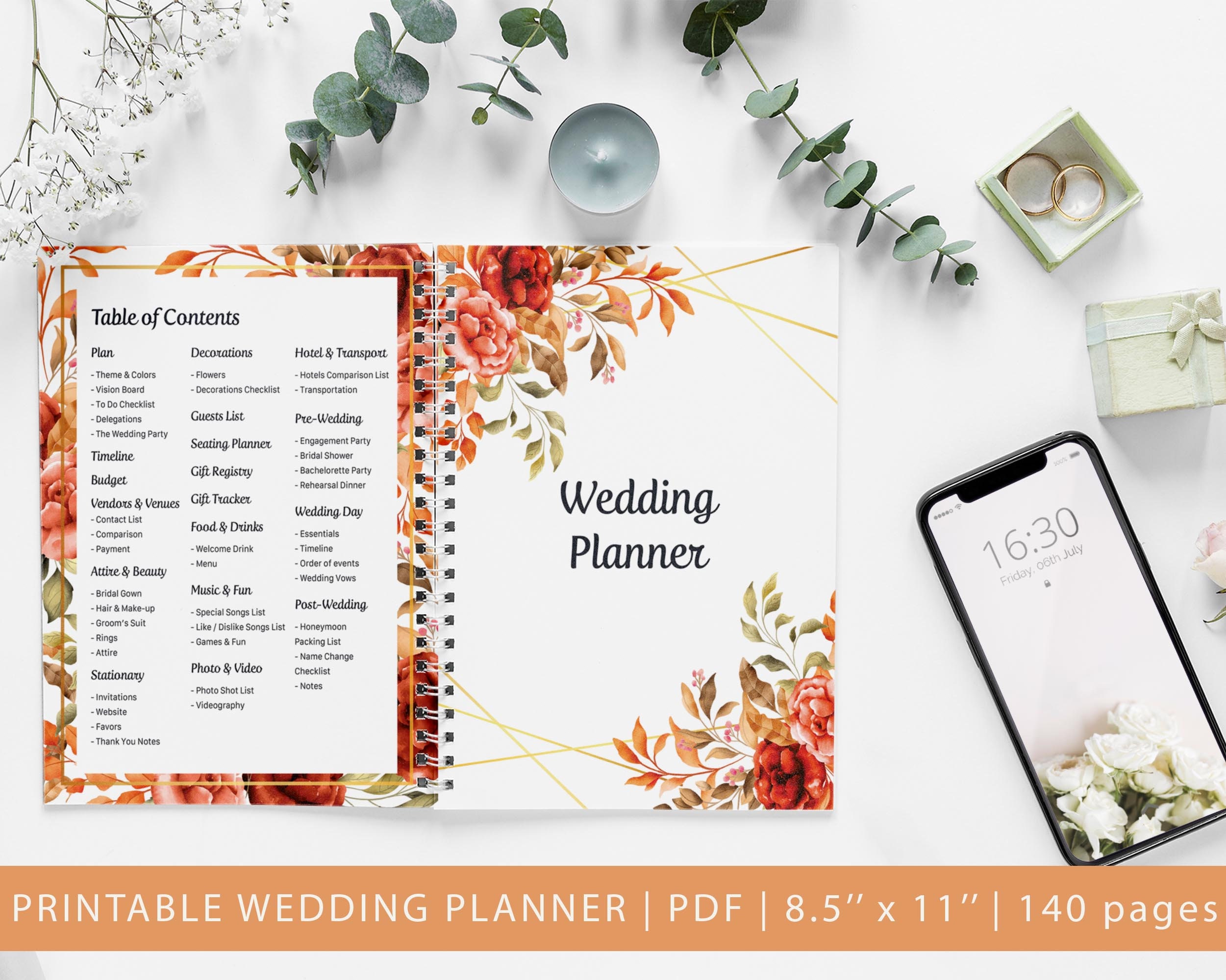Printable Wedding Planner, 140+ Pages, Wedding Checklist, Wedding Binder Template, Honeymoon, Engagement Party, Seating Planner, Autumn, PDF