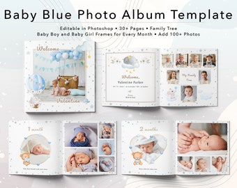 Plantilla de álbum de fotos azul bebé: Primer año (archivo PSD de 30 x 30 cm)
