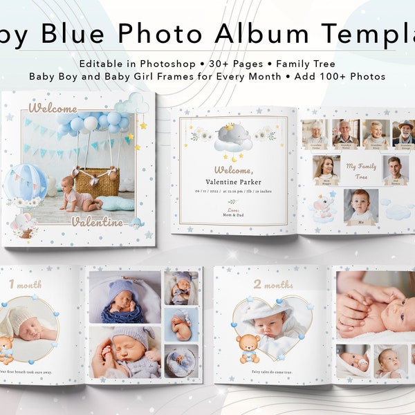 Baby Blue Photo Album Template | Photoshop | Baby Boy | First Year Photo Album | 12×12″ | Instant Download | PSD File | Instructions