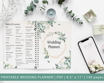 Printable Wedding Planner, 140+ Pages, Wedding Checklist, Wedding Binder Template, Honeymoon, Engagement Party, Seating Planner, Green, PDF