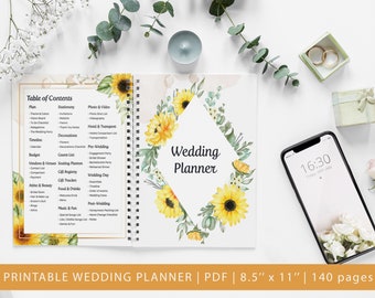 Printable Wedding Planner, 140+ Pages, Wedding Checklist, Wedding Binder Template, Honeymoon, Engagement Party, Seating Planner, Sunflower