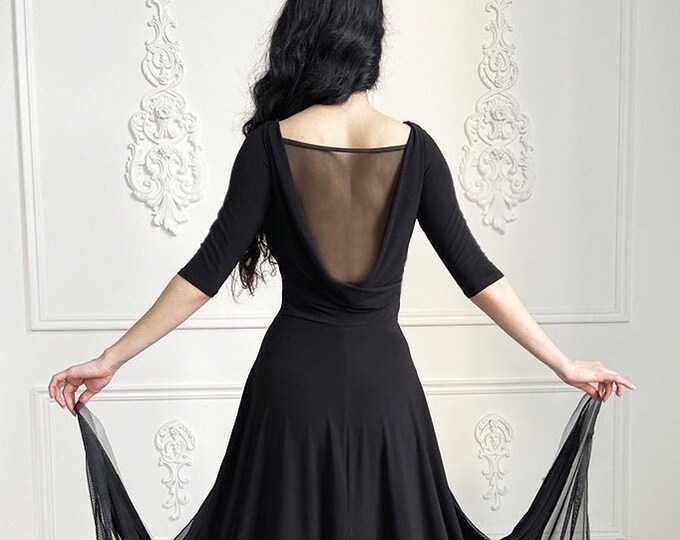 Dancebox Andrea Ballroom Dress Savannah Print with Long Sleeves, Scooped Neckline & Feature Cut-Outs