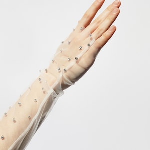 Elegant Ivory Fingerless Bridal Gloves – Long Sheer Tulle Sleeves with Crystals, Above Elbow Wedding Handwear