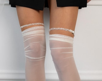 Sheer Mesh Back-Seam Stockings With Satin Bow Belt, Draped Elastic Top, Adjustable Regulators