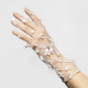 Elegant Sheer Tulle Bridal Gloves – Short Floral Sequin Mesh Gloves with Crystal Accent for Bride or Wedding Guest