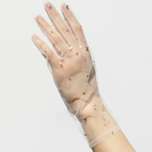 Sheer Bridal Gloves with Swarovski Crystals – Elegant Short Mesh Wedding Mittens, Sparkly Tulle Tea Party Gloves