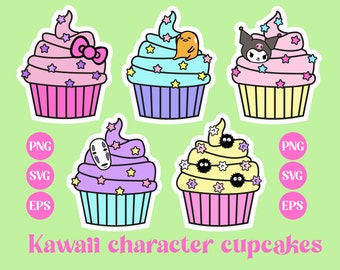 Cupcakes Kawaii, file SVG, Kawaii SVG, PNG carino, colori pastello, download stampabile, design adesivo, vettore, uso commerciale, caratteri