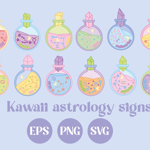 Kawaii zodiac bottles, clip art, Kawaii SVG, digital illustration, commercial use, Leo, Capricorn, gemini, pisces, Aries, sticker design