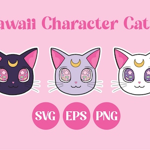 Kawaii Katzen, ClipArt, niedlich, digitaler Download, kommerzielle Nutzung, Aufkleber, kawaii SVG, Fan Art, rosa, lila, Mond, kawaii SVG, süße PNG