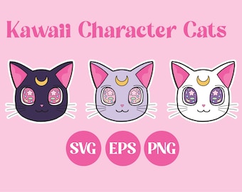 Gatti kawaii, clip art, carino, download digitale, uso commerciale, adesivi, kawaii SVG, fan art, rosa, viola, luna, kawaii SVG, PNG carino