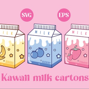 Kawaii Milk, mleko truskawkowe, mleko bananowe, clipart, słodkie PNG, pobieranie cyfrowe, plik SVG, pobieranie do druku, projekt naklejki, gwiazdy, wektor