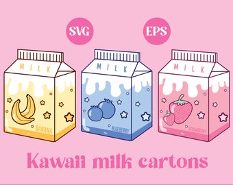 Kawaii Milk, latte alla fragola, latte alla banana, clip art, PNG carino, download digitale, file SVG, download stampabile, design adesivo, stelle, vettore