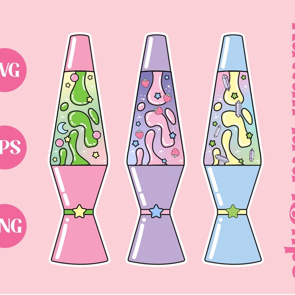 Kawaii lava lamp SVG, commercial use, sticker design, PNG, EPS, Pastel pink, cute, clip art, printable download, stars, retro, illustration