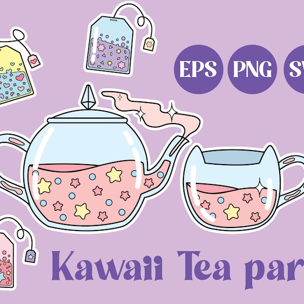 Kawaii Tea set, kawaii kawaii SVG, pastel colours, sticker design, commercial use, cute PNG, teapot, teacup, purple, digital art, stars