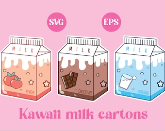 Vettore di latte kawaii, latte alla pesca, latte al cioccolato, clip art, carino, download digitale, file SVG, download stampabile, design adesivo, stelle