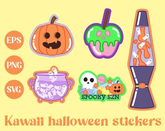 ClipArt di Halloween kawaii, zucca, arte carina, download stampabile, design adesivo, uso commerciale, PNG kawaii, calderone, teschio, arte di Halloween