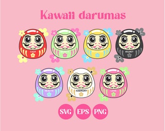Bambole Kawaii Daruma, Kawaii SVG, PNG carino, colori pastello, amore, fortuna, giapponese, download stampabile, design adesivo, vettoriale, uso commerciale