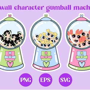 Kawaii gumball machine, clip art, kawaii PNG, digital download, cute SVG, printable download, sticker design, vector, pink, blue, green, PPG
